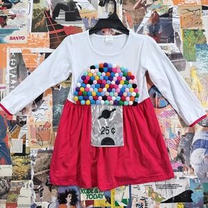 Girls Gumball Machine Costume Dress‎ Long Sleeve Red White Pom Pom 3XL Halloween